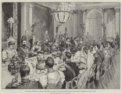 コーブルクの王室の結婚式、エーレンブルク城の玉座の間での結婚式の朝食、1894年4月19日 作： Melton Prior